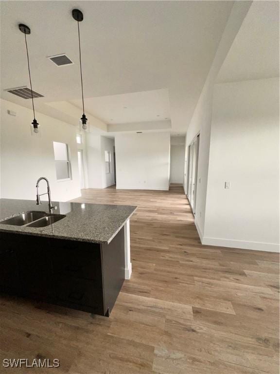 kitchen featuring light wood-type flooring, a tray ceiling, sink, decorative light fixtures, and stone counters