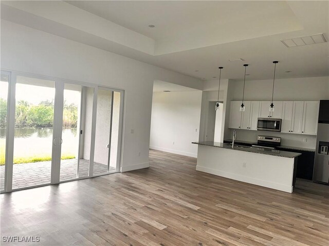 kitchen with pendant lighting, a water view, sink, white cabinetry, and stainless steel appliances