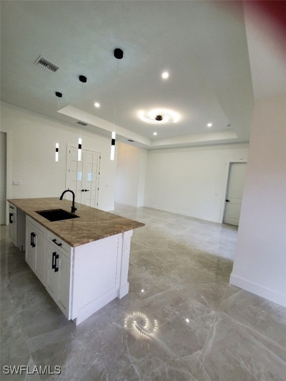 kitchen featuring a tray ceiling, sink, white cabinets, and a center island with sink