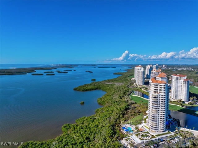 drone / aerial view featuring a water view and a city view