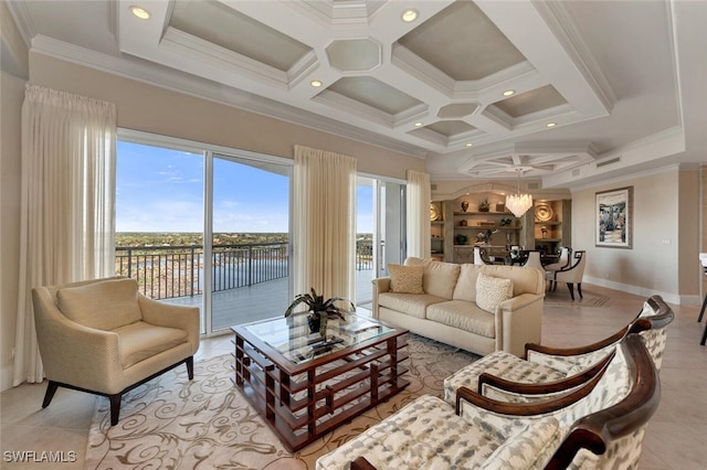 tiled living room featuring coffered ceiling and crown molding