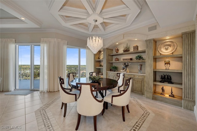 dining area with built in shelves, coffered ceiling, and ornamental molding