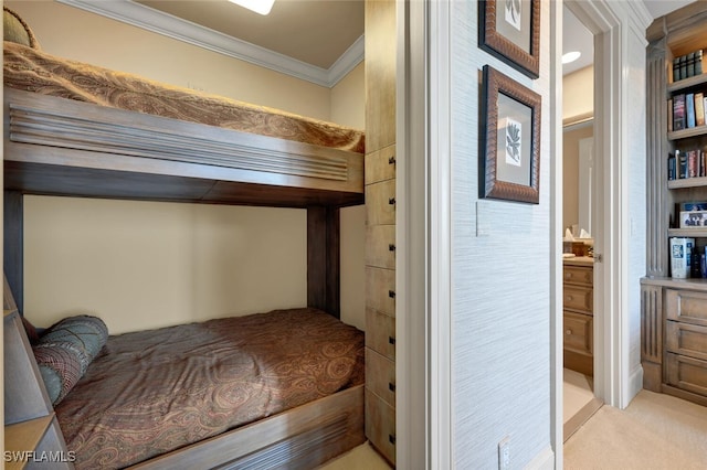 bedroom featuring carpet and crown molding