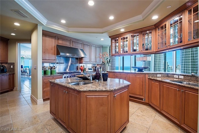 kitchen with light stone counters, sink, a raised ceiling, and an island with sink