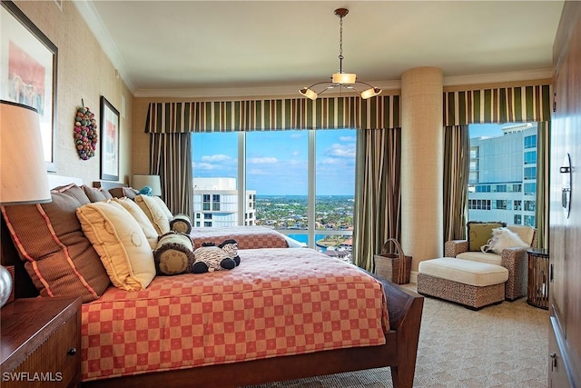 bedroom featuring light carpet and ornamental molding