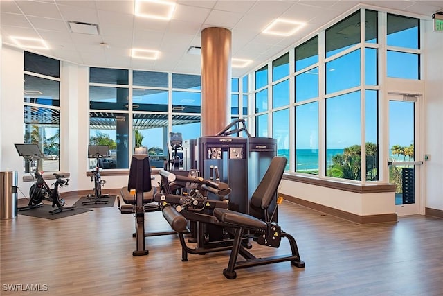 exercise room featuring wood-type flooring and a water view