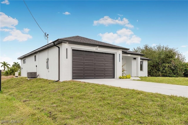 view of property exterior featuring a lawn, central AC unit, and a garage