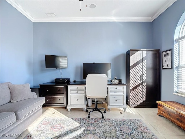 office featuring crown molding, plenty of natural light, and light tile patterned floors