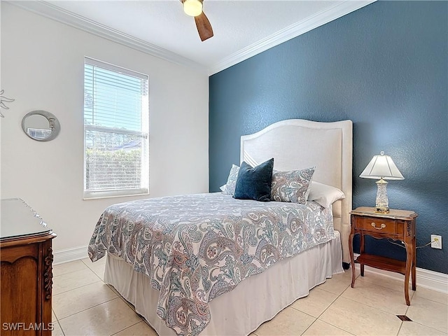 bedroom featuring ornamental molding, light tile patterned floors, and ceiling fan