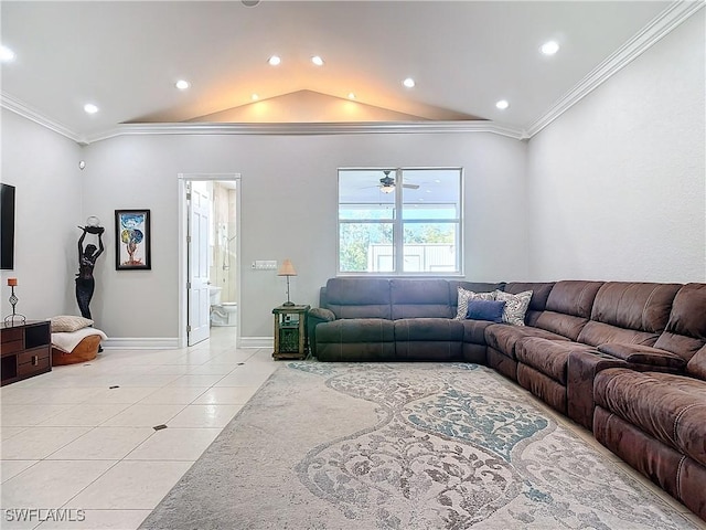 tiled living room featuring crown molding and vaulted ceiling