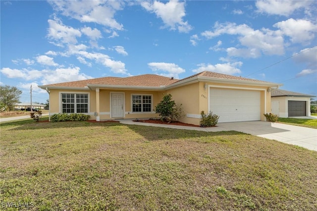 ranch-style home featuring a garage and a front lawn