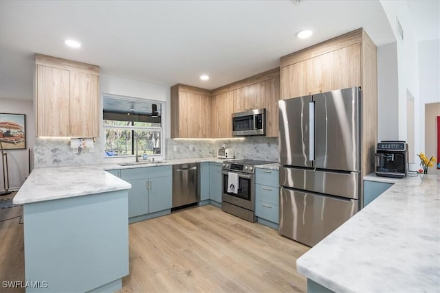 kitchen with stainless steel appliances, backsplash, a peninsula, and a sink