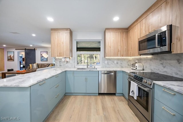 kitchen with a barn door, light wood-style floors, appliances with stainless steel finishes, a sink, and a peninsula