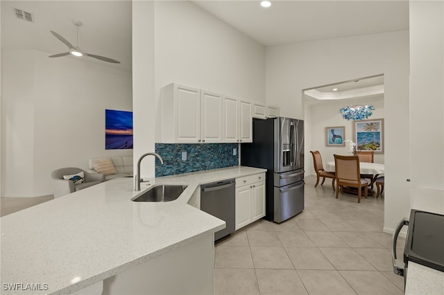 kitchen featuring kitchen peninsula, appliances with stainless steel finishes, backsplash, sink, and white cabinets