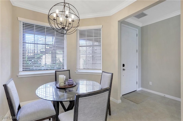 tiled dining room featuring a wealth of natural light, crown molding, and a notable chandelier