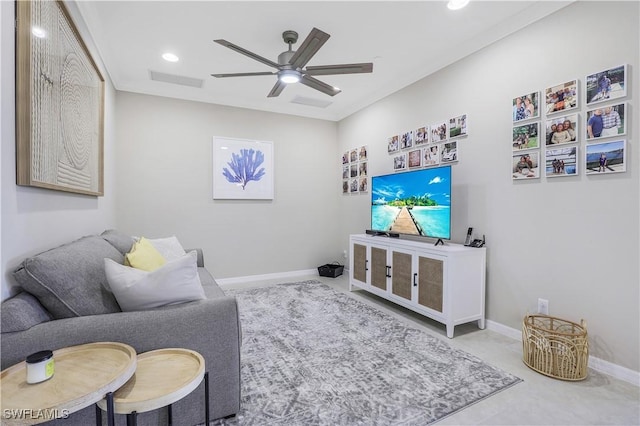 living room featuring ceiling fan