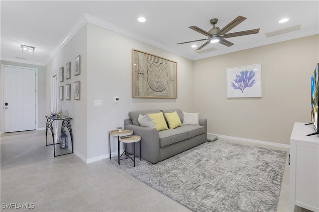 living room featuring ceiling fan, ornamental molding, and light tile patterned floors