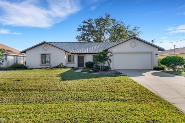 ranch-style home with a front yard and a garage