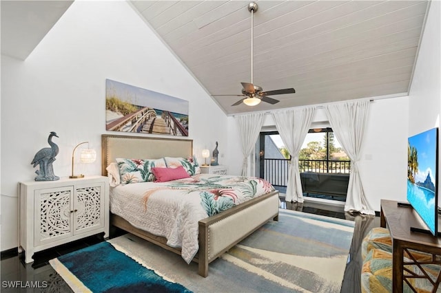 bedroom featuring lofted ceiling, ceiling fan, and access to exterior