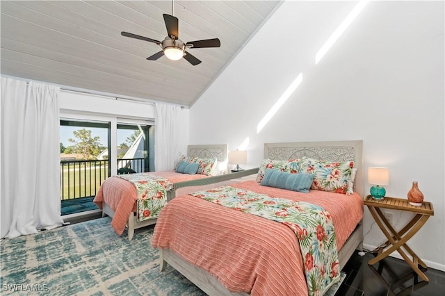 carpeted bedroom with access to outside, wooden ceiling, ceiling fan, and vaulted ceiling