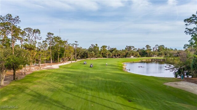 view of property's community featuring a water view and a lawn