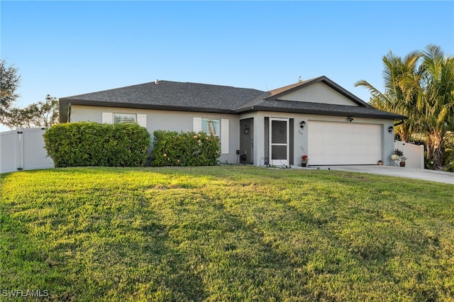 ranch-style home featuring a front yard and a garage