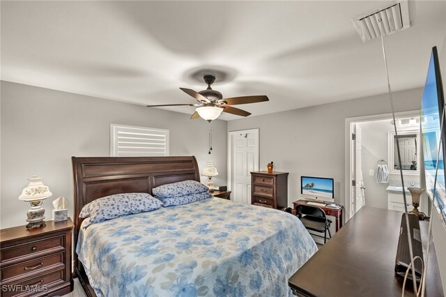 bedroom featuring ceiling fan and a closet