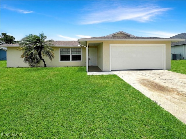 ranch-style house featuring central AC, a front yard, and a garage