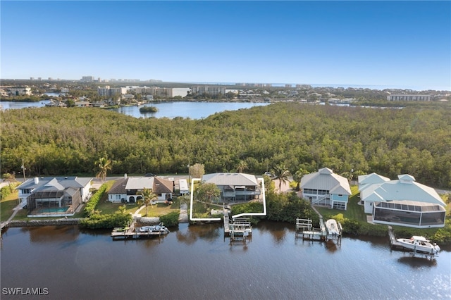 drone / aerial view featuring a water view