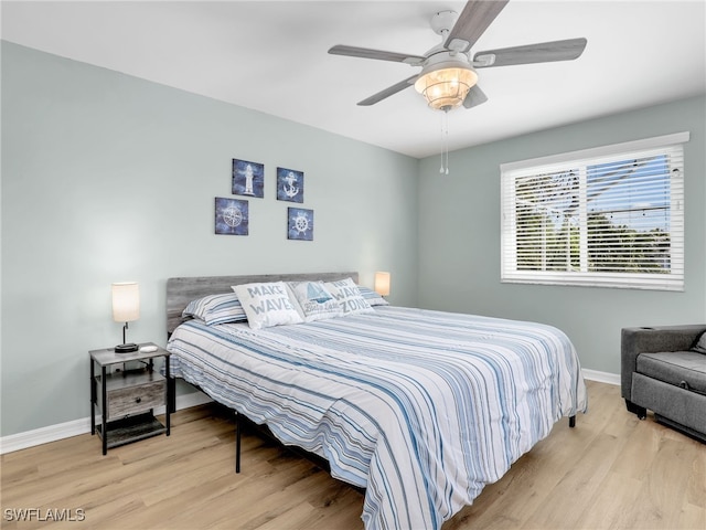 bedroom featuring ceiling fan and light hardwood / wood-style flooring