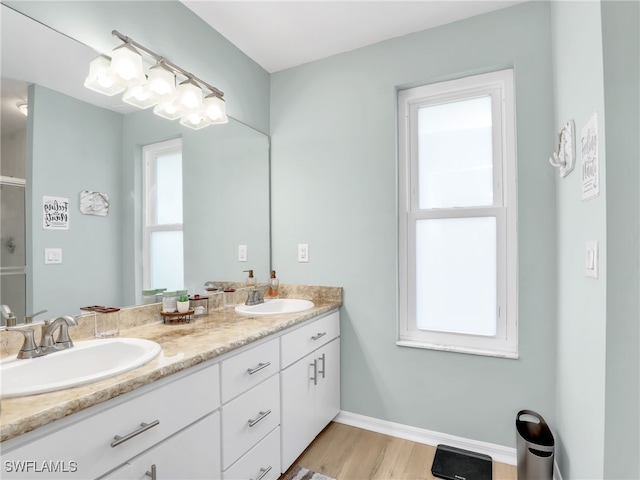 bathroom with vanity and wood-type flooring