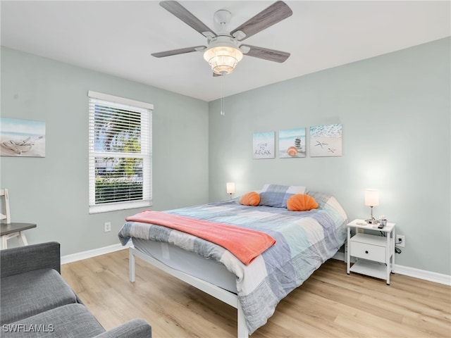 bedroom with ceiling fan and light hardwood / wood-style floors