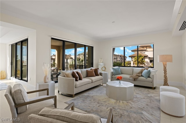 living room featuring light tile patterned floors