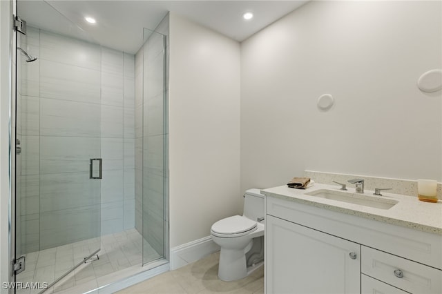 bathroom with walk in shower, tile patterned flooring, vanity, and toilet