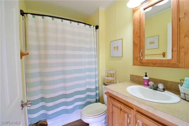 bathroom with vanity, toilet, and ornamental molding