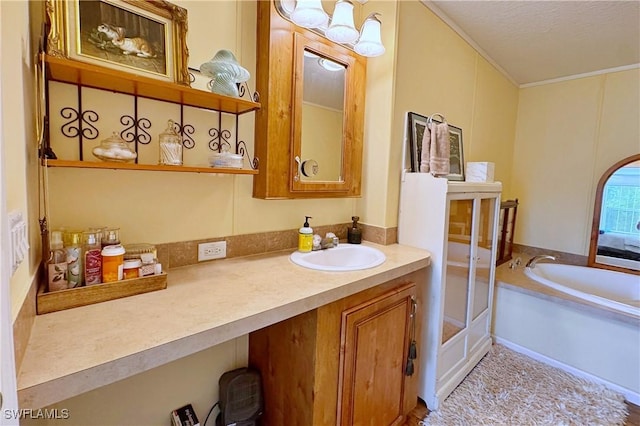 bathroom with a bathing tub, vanity, and a textured ceiling