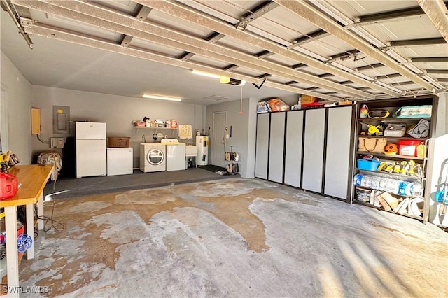 garage with electric panel, water heater, washer and dryer, and white refrigerator