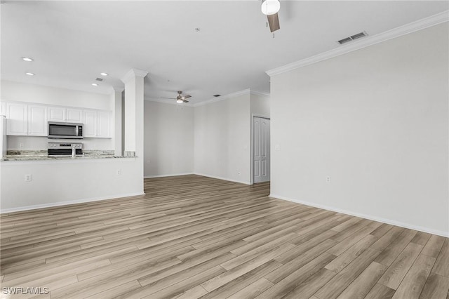 unfurnished living room with ceiling fan, light hardwood / wood-style floors, and ornamental molding