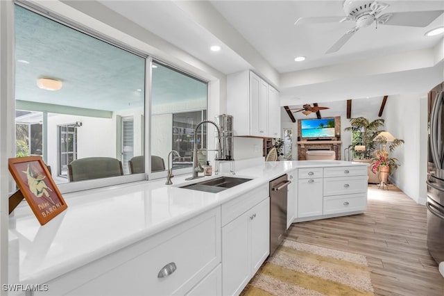 kitchen with stainless steel dishwasher, white cabinetry, kitchen peninsula, and sink