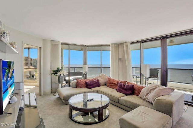 carpeted living room with a water view, a healthy amount of sunlight, and a wall of windows