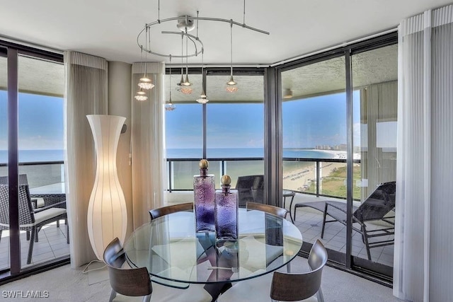 dining space featuring floor to ceiling windows, a water view, and a wealth of natural light