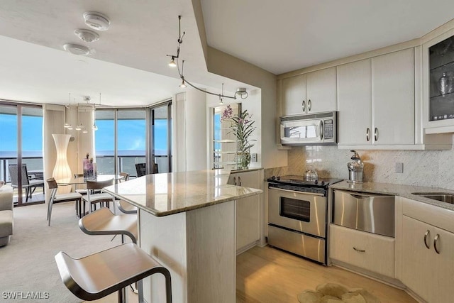 kitchen with a breakfast bar, a water view, tasteful backsplash, light stone counters, and stainless steel appliances