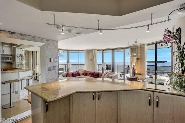 kitchen with a wall of windows, light stone counters, a water view, and light wood-type flooring