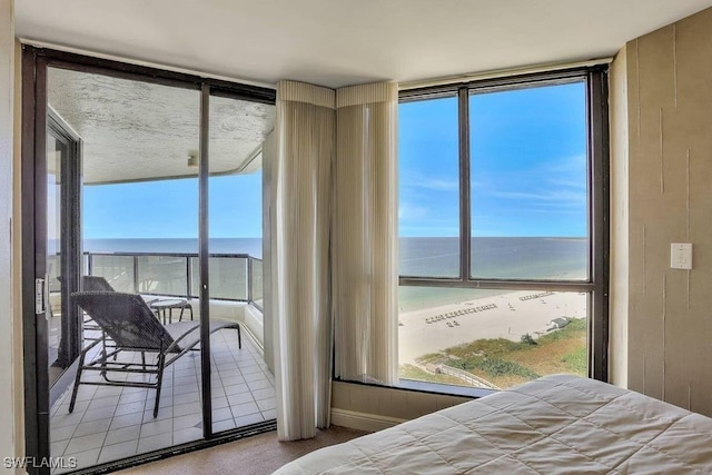 bedroom with multiple windows, a water view, and a view of the beach