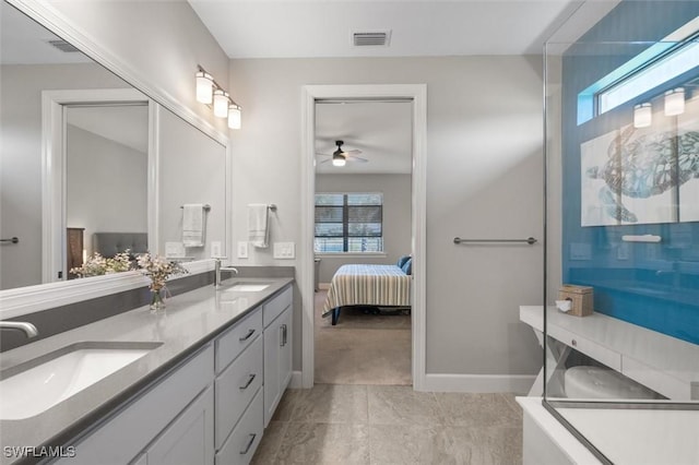 bathroom with ceiling fan and vanity