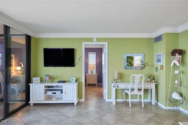 living room featuring light tile patterned floors and ornamental molding