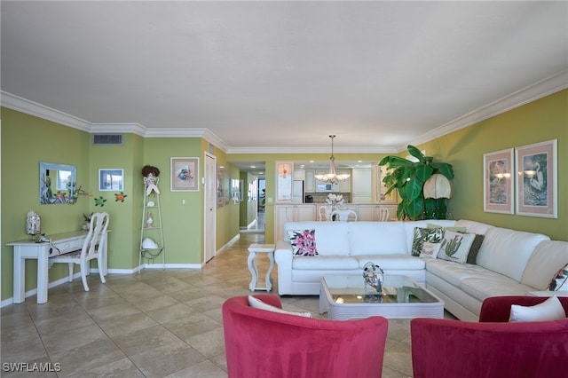 living room featuring crown molding and a notable chandelier