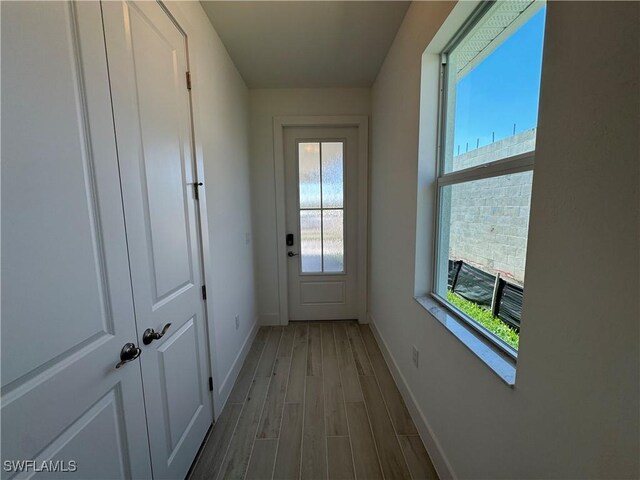 entryway featuring baseboards and wood finished floors