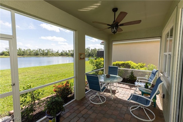 4147 Dutchess Park Rd, Fort Myers, FL 33916 - sunroom featuring a water view and ceiling fan