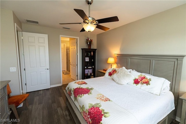 4147 Dutchess Park Rd, Fort Myers, FL 33916 - bedroom with dark wood-style floors, ceiling fan, and ensuite bathroom
